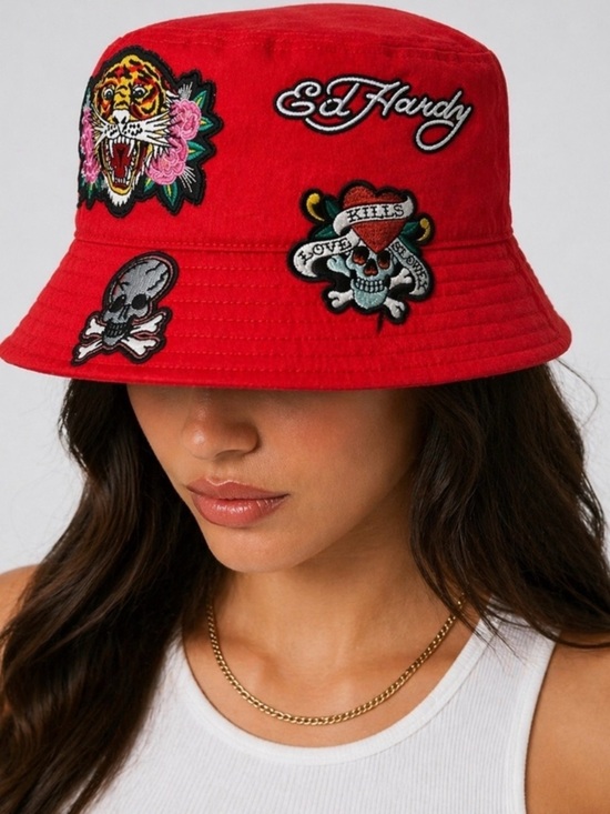 Ed Hardy Accessories - Ed Hardy Red Bucket Hat with Embroidered Skull & Tiger Patches Unisex